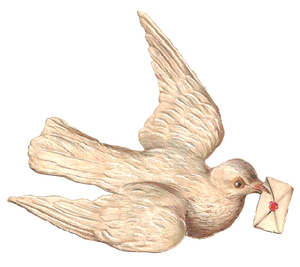 an antique illustration of a white dove in flight, clutching a wax-sealed envelope in its beak